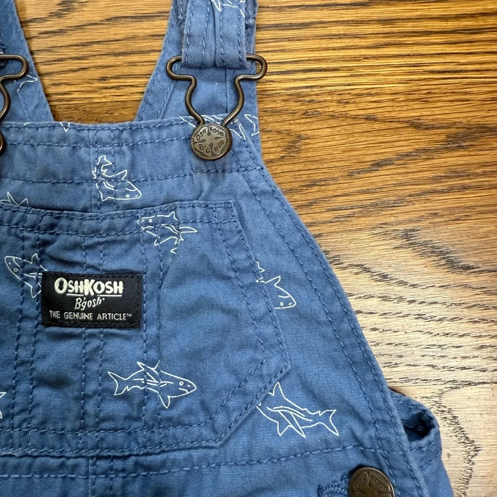 OshKosh B'gosh Kids Blue Cotton Shark Print Shortalls Size 6 Months